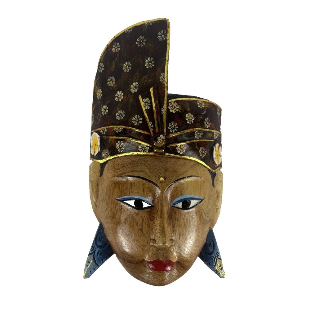 Wooden Mask Indonesia Folk Art Painted Woman's Face Wall Hanging